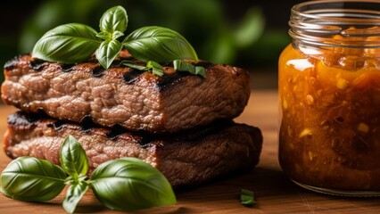 Stacked Grilled Steak Slices with Fresh Basil and Chutney Jar meat beef