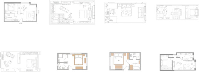 Architectural Floor Plans of Studio Apartments and Hotel Rooms