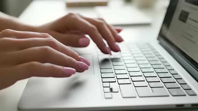 Hands typing away on laptop keyboard in close up view, capturing the intense concept of focused productivity and creative momentum, ideal for use as background or overlay in presentations.