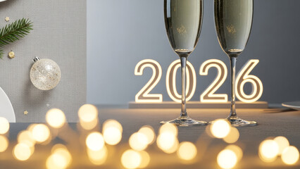 Bright glowing neon lights forming 2026 year number standing behind two glasses of sparkling champagne wine with christmas ornament and fir branch on gray table for winter holiday season greeting.