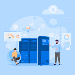 Illustration of a Technician Character Managing an Internet Data Center for Web Hosting Services