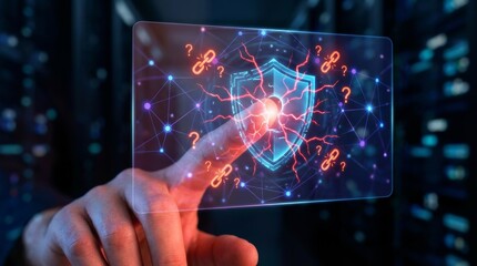 User activating cyber security shield icon on digital interface for network protection against online hacker attack and data privacy safety in futuristic internet technology system defense