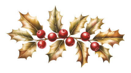 Golden holly branch with red berries isolated on transparent background