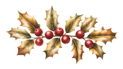 Golden holly branch with red berries isolated on transparent background