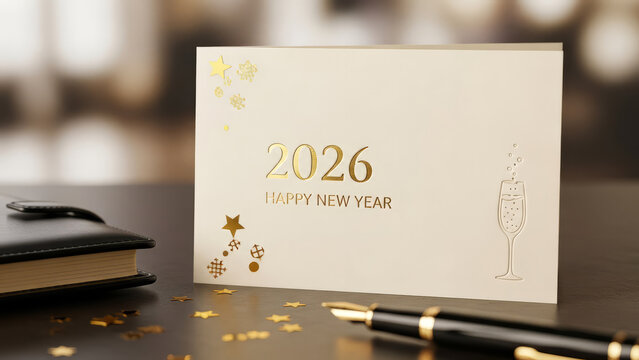 Corporate business Happy New Year 2026 concept featuring elegant cream greeting card with gold foil text standing on desk next to black leather personal planner notebook and luxury fountain ink pen.