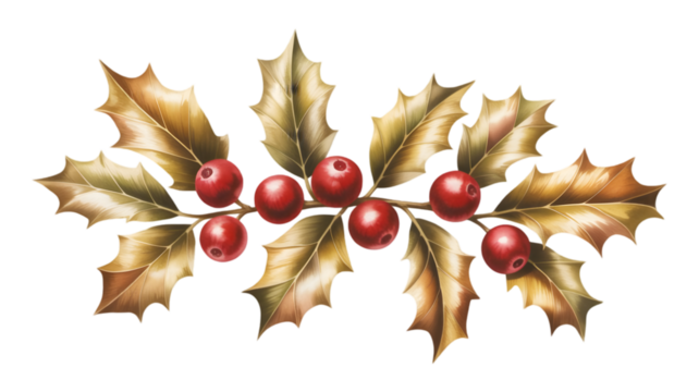 Golden holly branch with red berries isolated on transparent background