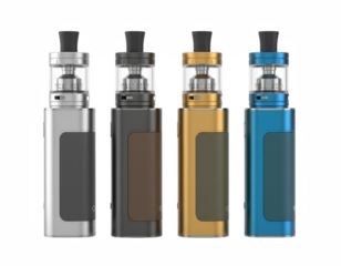 Four modern electronic vaping devices displayed in silver, charcoal, gold, and blue finishes