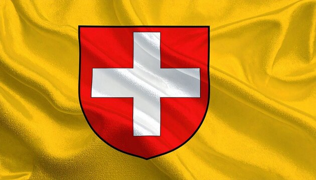 Flag with yellow background and red shield bearing white cross, symbol of Swiss canton heritage.