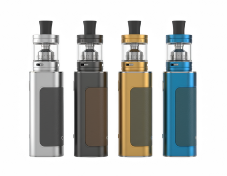 Four modern electronic vaping devices displayed in silver, charcoal, gold, and blue finishes