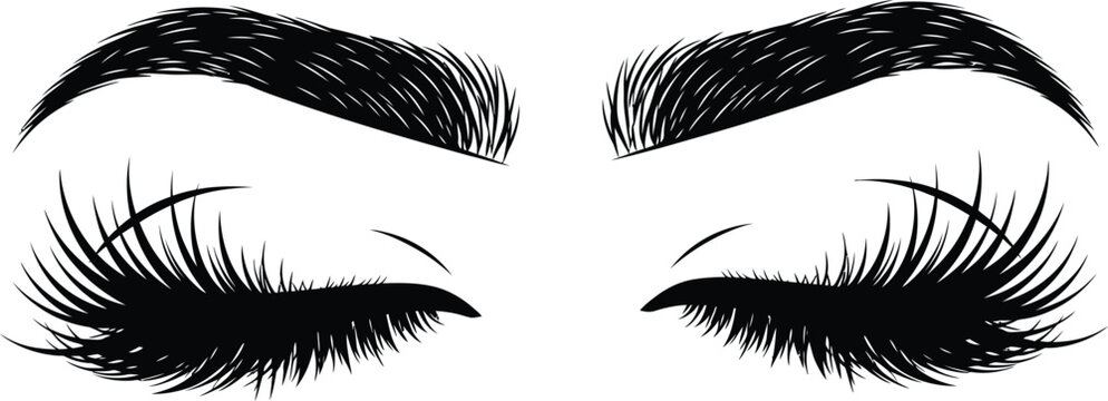 A beautiful vector graphic illustration of closed woman's eyes with long eyelashes and flawless eyebrows, a stylish design element for beauty and cosmetics