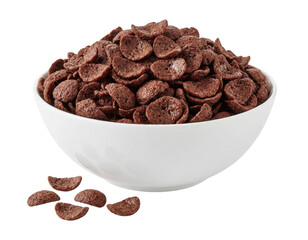 Heap of cocoa-flavored breakfast cereal in a white serving bowl