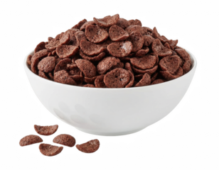 Heap of cocoa-flavored breakfast cereal in a white serving bowl