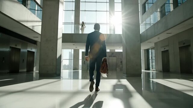 Rear view of a businessman in a suit walking with a briefcase through a modern, sunlit corporate lobby with elevators