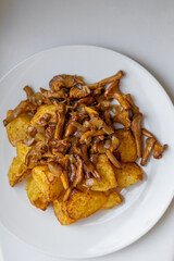 Delicious oven baked potatoes with chanterelle mushrooms served on a white plate. Top down food shot for recipe blogs, cooking magazines, or restaurant menus. Rustic comfort food at its best.