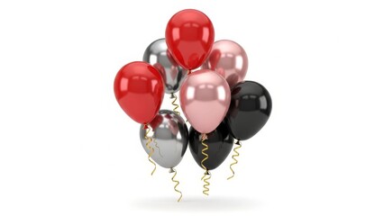 Realistic 3D Metallic Party Balloons in Red, Pink, Silver, Rose Gold, and Black with Gold Strings on White Background