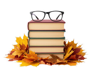 Stack of vintage books, reading glasses, and colorful fall maple leaves set against a dark void