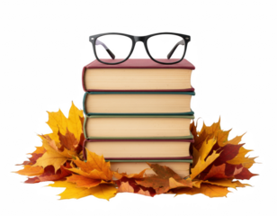 Stack of vintage books, reading glasses, and colorful fall maple leaves set against a dark void