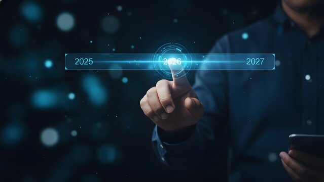 Future Timeline Selection 2026: Businessman Hand Choosing Year 2026 on Digital Interface with Timeline
