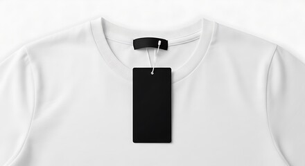 Closeup of a blank black tag hanging from a white tshirt, ideal for branding mockups and retail designs, isolated on white background