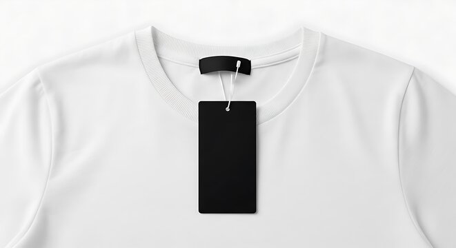 Closeup of a blank black tag hanging from a white tshirt, ideal for branding mockups and retail designs, isolated on white background