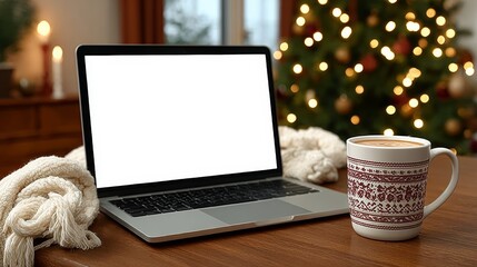 A laptop is open on a table with a mug of coffee next to it. The laptop screen is blank, and the coffee mug is filled with a dark liquid. Concept of relaxation and comfort