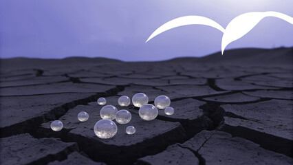 Water Scarcity Climate Solutions Concept. Moisture absorbing hydrogel beads on cracked dry soil, symbolizing resilience and hope