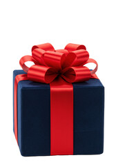 Fototapeta premium Luxurious navy blue velvet gift box with a glossy red satin multi-loop bow, perfectly centered on a transparent background with copy space, high-end luxury product photography concept