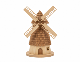 Detailed Wooden Miniature Windmill Model with Shingled Roof and Vanes