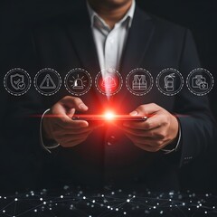 Businessman using a smartphone with digital business icons overlay