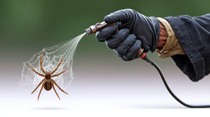 A spider is being sprayed with a hose by a person. The spider is on a web. The spider is brown and black