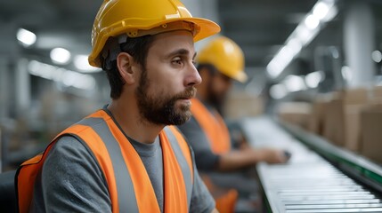 Two industrial workers wearing yellow hard hats and high visibility vests focus on tasks along a busy warehouse conveyor belt system