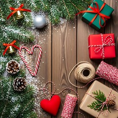Festive christmas gift wrapping on a rustic wooden table