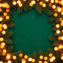 Festive christmas frame with bokeh lights and green background