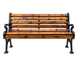 Empty wooden park bench with metal frame isolated on dark background