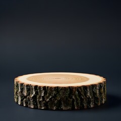 Wooden log slice display stand on dark background for product showcase