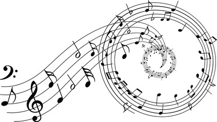 Musical staff swirling into a dynamic spiral of notes, clefs, and rhythms, evoking a sense of auditory motion and creativity