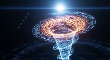 Abstract digital tornado with glowing particles and a bright light source above.