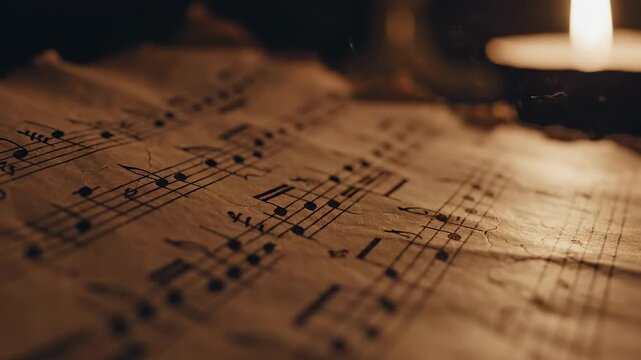 Illuminated by candlelight, a closeup of sheet music reveals the intricate details of handwritten notes. this evokes a nostalgic and intimate atmosphere of musical creativity.