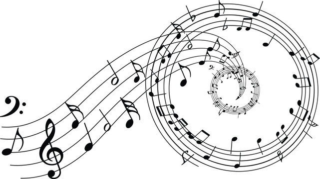 Musical staff swirling into a dynamic spiral of notes, clefs, and rhythms, evoking a sense of auditory motion and creativity