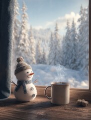 cozy winter window scene with snowman steaming coffee and snowy landscape bringing holiday cheer to your seasonal marketing campaign