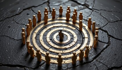 Wooden figures arranged in a circular pattern around a central pillar on a cracked surface representing connection and focus