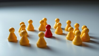 Group of Yellow Game Pieces Surrounding a Red Game Piece Symbolizing Leadership and Individuality in a Conceptual Setting