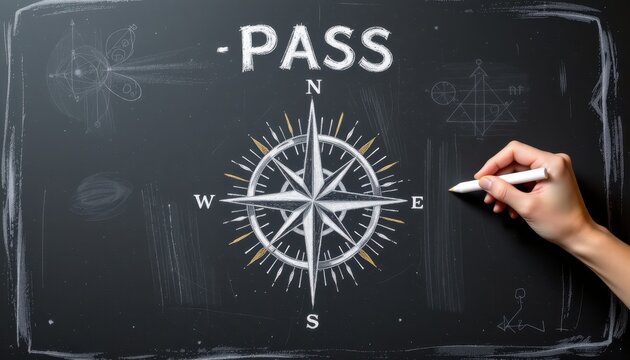 Artistic Compass Drawing on Chalkboard with Geometric and Nature Illustrations