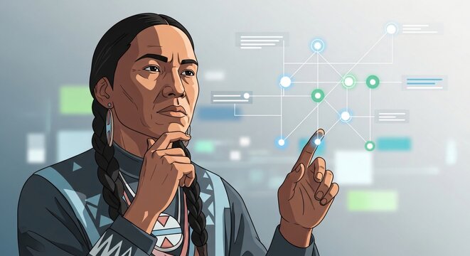 Indigenous person thoughtfully interacting with a futuristic digital network interface, representing technology and cultural connection.