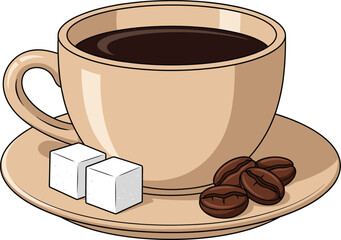 Cartoon Vector Illustration of a Hot Cup of Coffee Served on a Saucer with Two White Sugar Cubes and Fresh Roasted Coffee Beans for Breakfast and Cafe Menus.