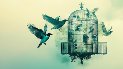 Fototapeta premium Birds flying free from ornate cage in sky.