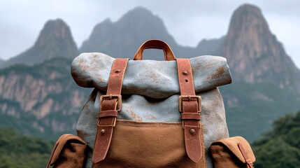 A backpack is sitting on a mountain with a view of the mountains in the background. The backpack is brown and tan with a blue strap. Scene is adventurous and exciting
