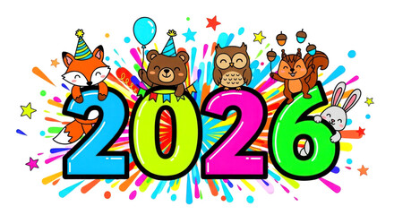 Fototapeta premium Cheerful cartoon animals celebrating new year 2026
