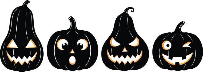 Halloween pumpkin face silhouette pack—vector of spooky, surprised, sinister, and playful jack-o'-lanterns with glowing outlines