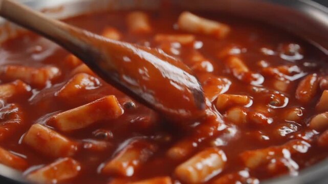 A wooden spoon stirring a simmering pot of spicy Korean tteokbokki rice cakes in a thick, rich, red gochujang sauce.